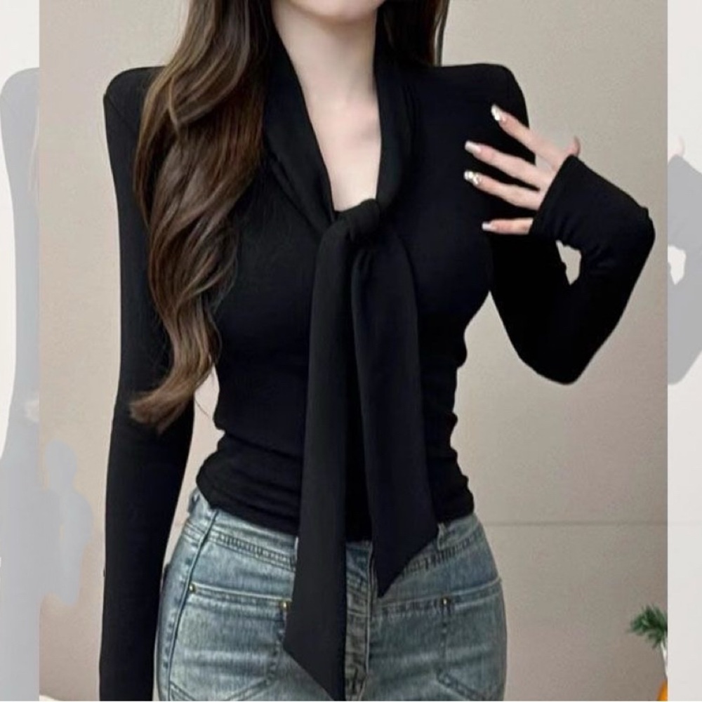 New Women’s Top with Scarf Design, Long Sleeves Pullover Bodysuit for Girls